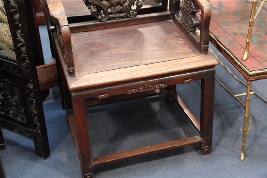 A pair of late 19th century Chinese hongmu armchairs, W.2ft 2in. D. 1ft 7in. H. 3ft 2in.